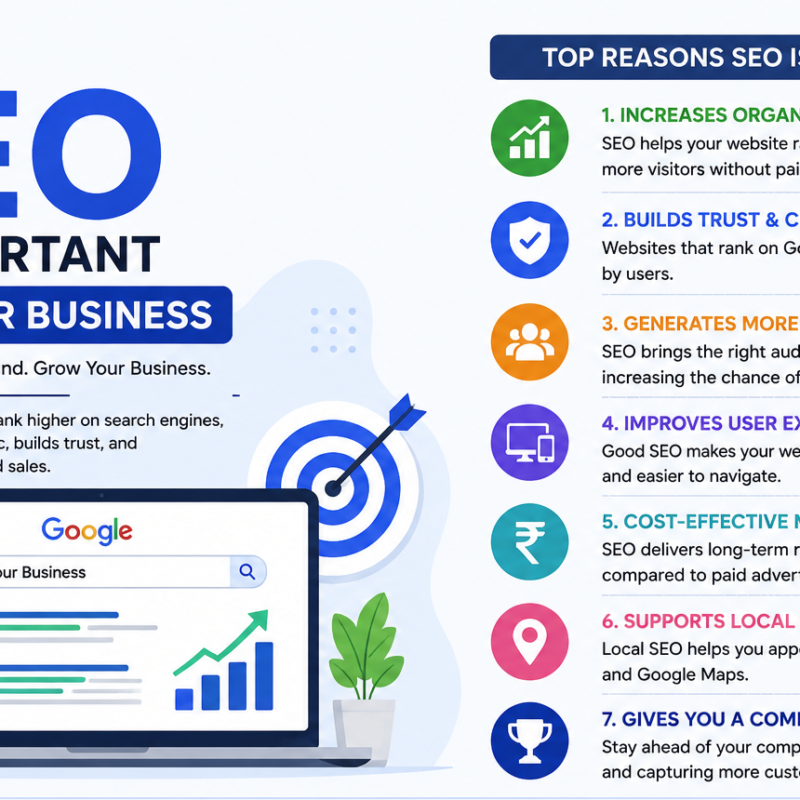 Infographic explaining why SEO is important for business websites, including benefits such as higher Google rankings, increased organic traffic, better user experience, more leads, and long-term business growth.