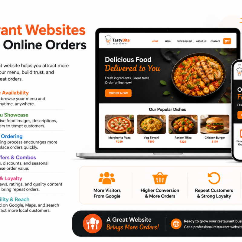 Modern restaurant website displayed on desktop and mobile devices showing online food ordering, digital menu, secure payment, and customer-friendly design.